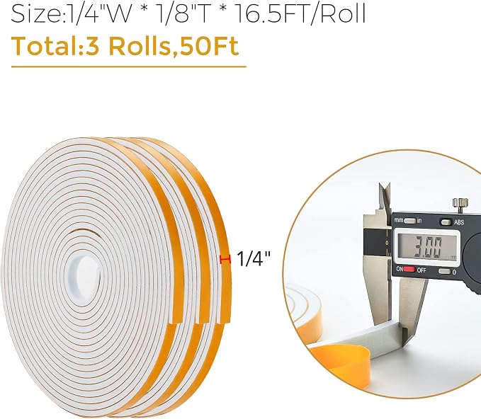 Ravinte Weather Stripping Door Seal, 1/4 x 1/8 Adhesive Foam Tape, 50 FT | - Image 3