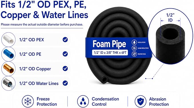 CARGEN 1/2" ID Foam Pipe Insulation Fits 1/2" OD Copper & PEX Water Pipes | - Image 3