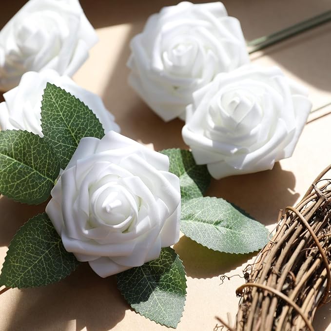 AmyHomie White Rose 50pcs Real Looking Artificial Flowers w/Stem | Bouquet - Image 3