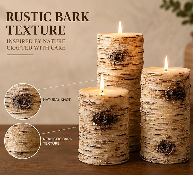 Rustic Birch Bark Pillar Candle Set of 3, Unscented Home Decor | Assorted Size - Image 2