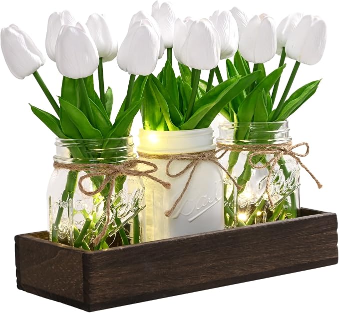 BLEUM CADE 3Pcs Mason Jar with Artificial Tulip Flowers Wood Tray and Light | by BLEUMCADE