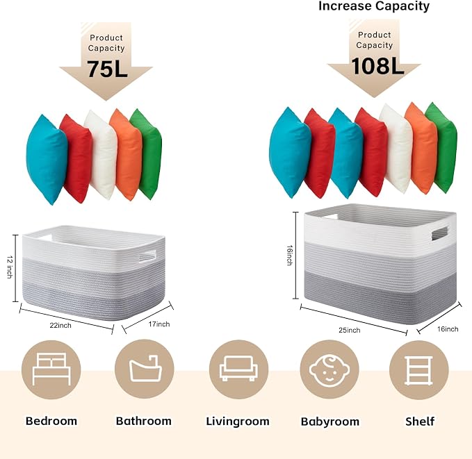 OIAHOMY Blanket Basket Laundry Basket Dog Toy Basket 108L Gradient Grey | Large - Image 3