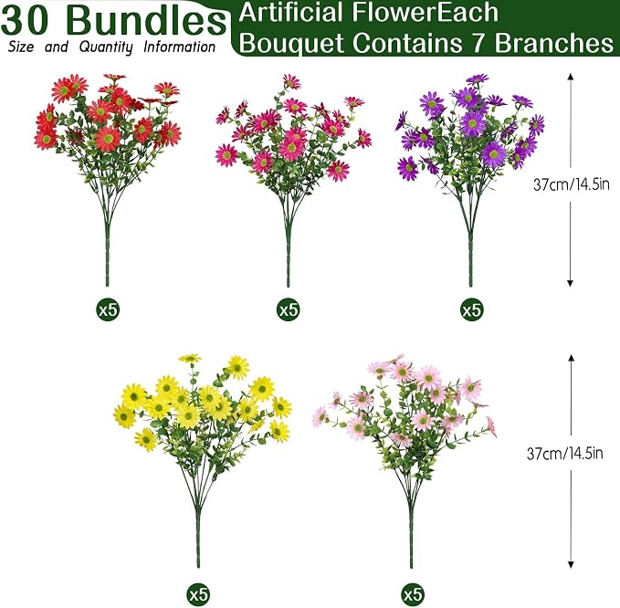 Alupssuc 30 Bundles Artificial Daisies Flowers Fake Silk Plant - Image 2