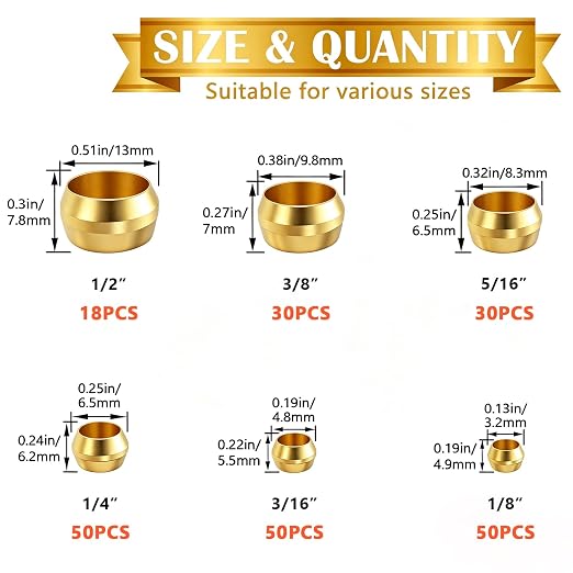228PCS Brass Compression Fittings Assortment kit, 6 Sizes Sleeves Ferrules - Image 2