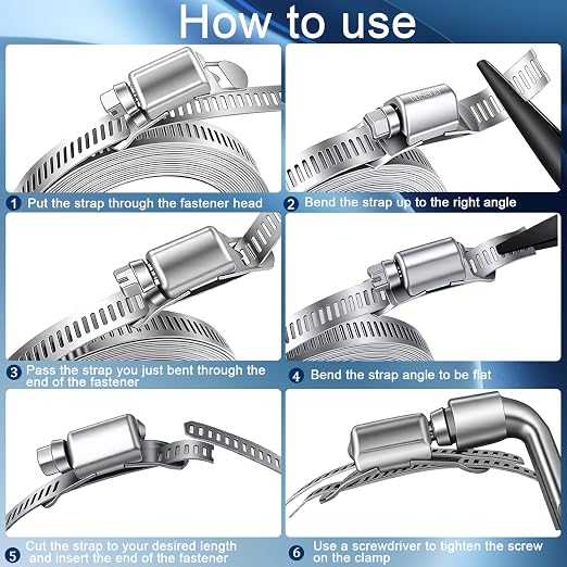 304 Stainless Steel Hose Clamp Assortment Kit, DIY 12FT Metal Strap + 8 - Image 3