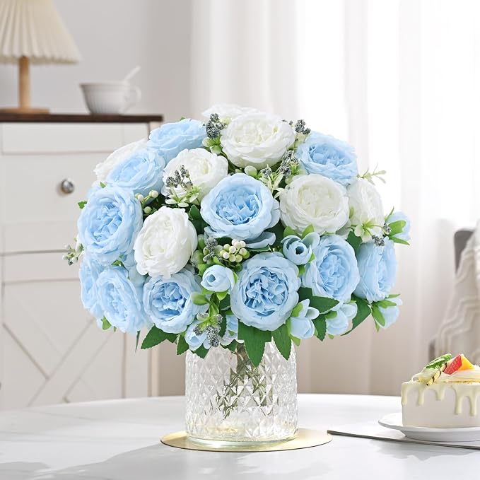 8 Packs Peonies Artificial Flowers Mixed White Blue Silk Artificial Peonies | - Image 7