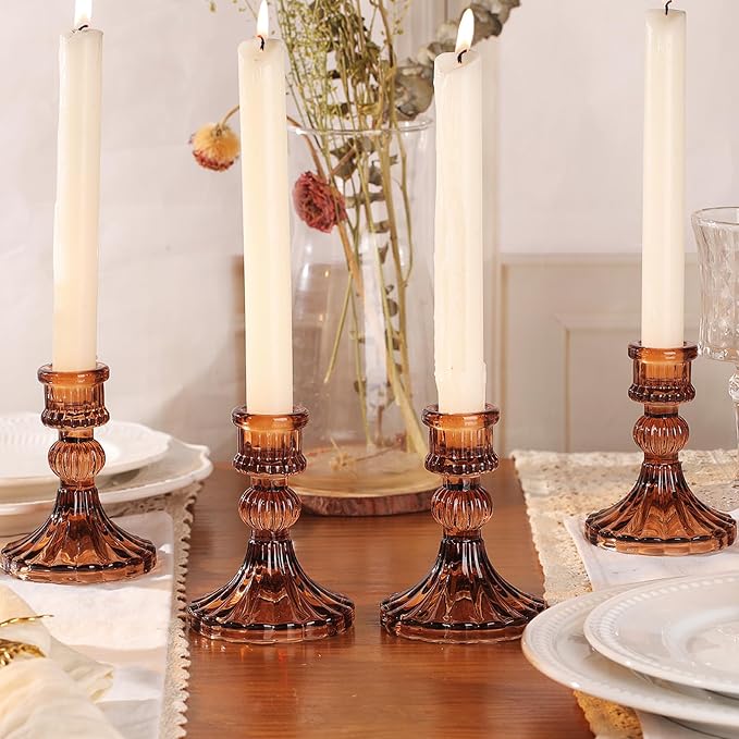 12PCS Amber Candlestick Holders Set- 4" H Taper Candle Holders, Glass Candle - Image 7