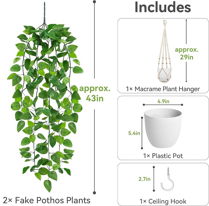 USLAI Fake Hanging Plant, Artificial Pothos Vines Greenery - Image 2