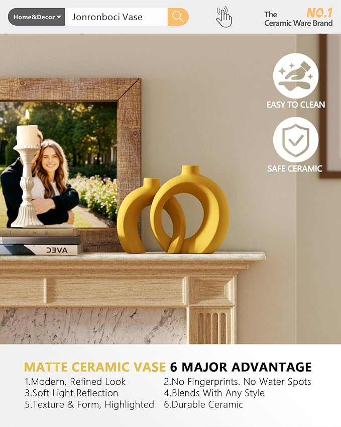 Set of 2 Yellow Ceramic Vases for Home Decor Accents - Image 5