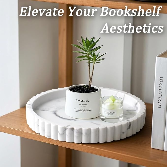 Round Decorative Tray for Coffee Table Decor, Tray Decor 11" Marble White | - Image 3