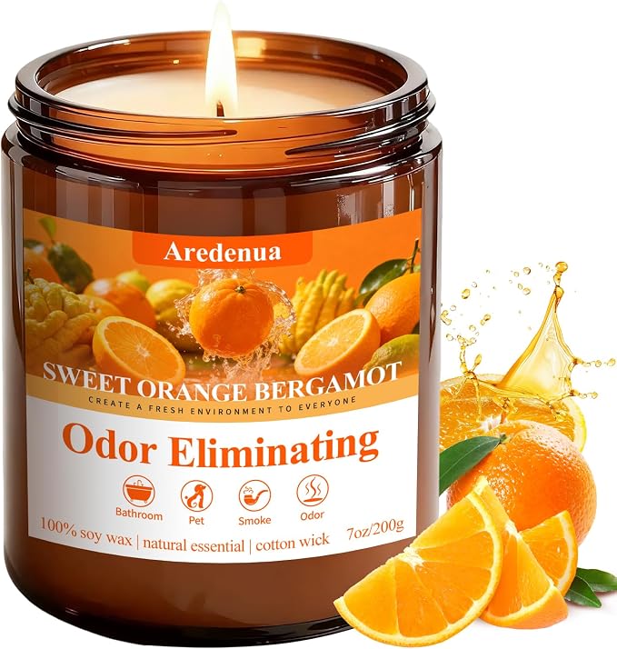 Sweet Orange Odor Eliminating Candles, 7 oz Soy Scented Candle | Eliminates 95% by Aredenua-StartJourneyThroughScent