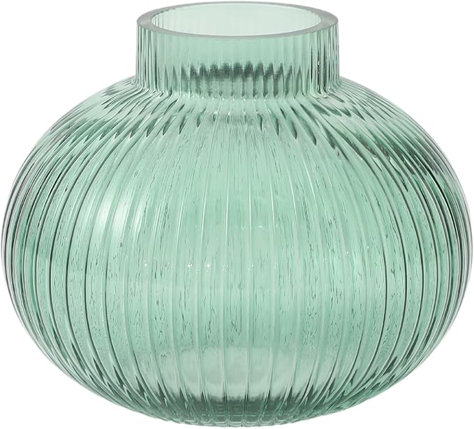 Green Glass Vase for Tulips, Ribbed Glass Vase for Flowers, Round Flower Vases by YANWE