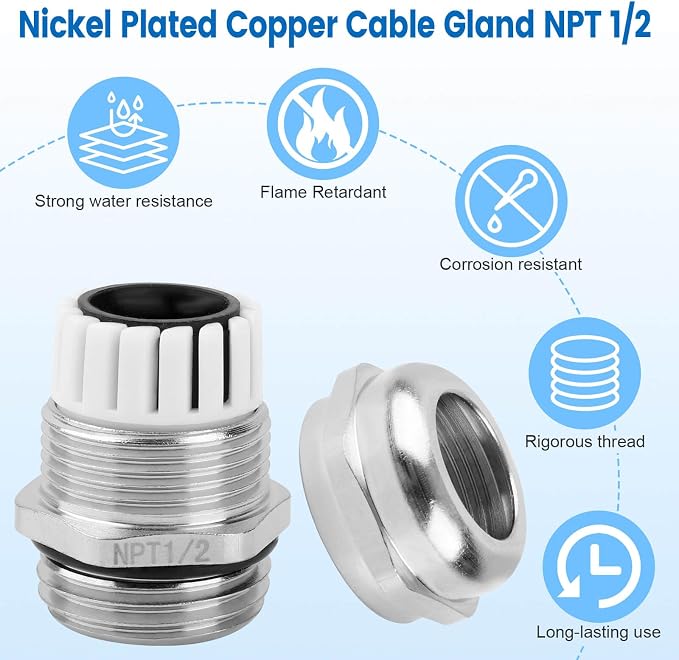 4 Pcs 1/2" NPT Nickel-Plated Copper Cable Gland | IP68 Waterproof, Metal Strain - Image 4