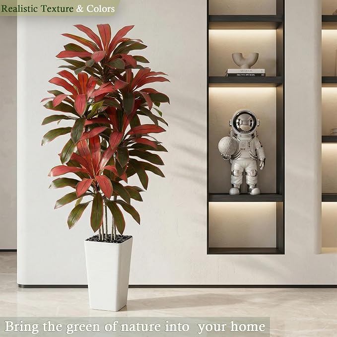 Artificial Dracaena Tree: 5FT Fake Plants Silk Faux Trees（White Pot） | - Image 3