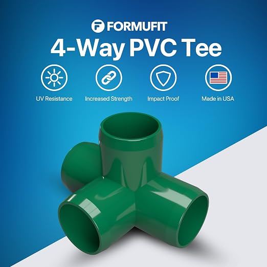 1” 4-Way Tee Furniture Grade PVC Fitting in Green, Made in USA, UV-Resistant - Image 2