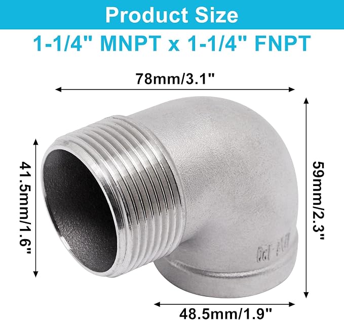 90 Degree Elbow Fittings 1PCS, 1-1/4" NPT Male X 1-1/4" NPT Female 304 - Image 2