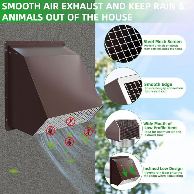 7Inch Hooded Wall Vent with Screen and Damper, Galvanized Steel Exhaust Vent - Image 3