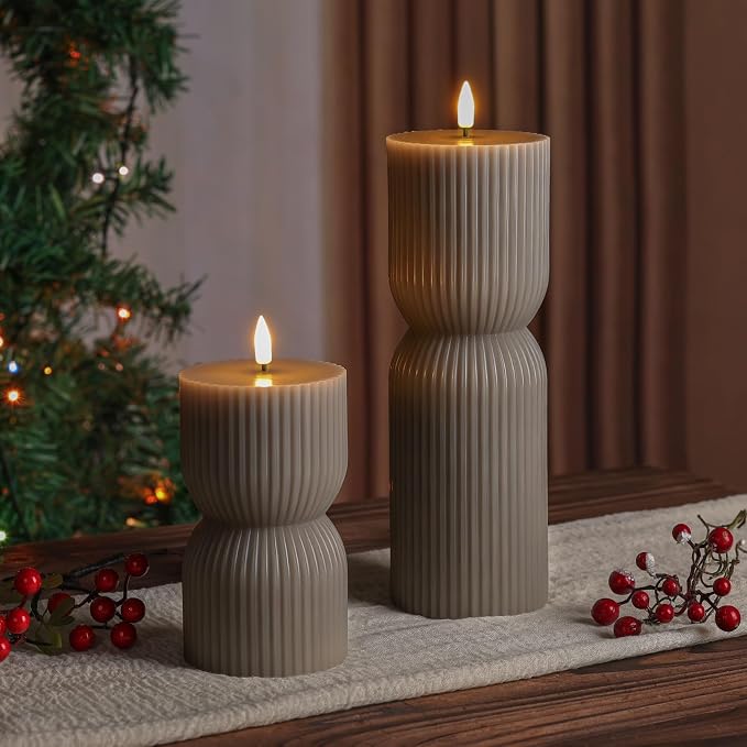 Taupe Ribbed Flameless Pillar Candles - Image 9