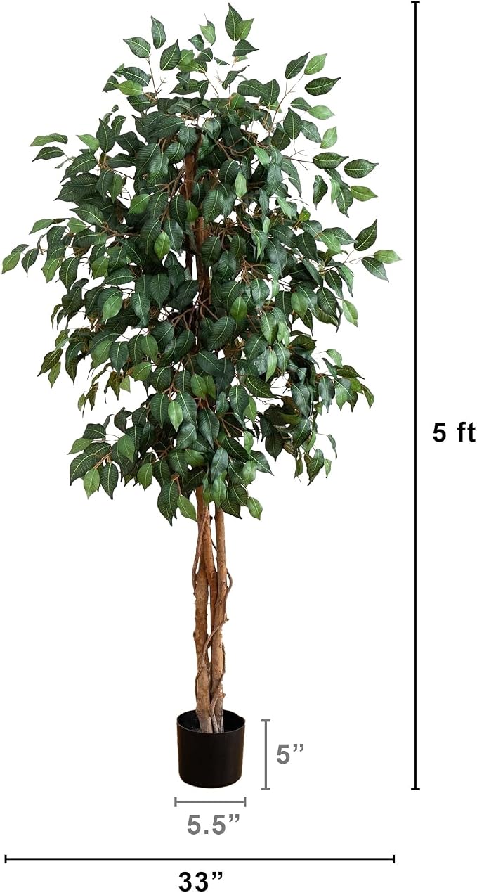 Nearly Natural 5ft Artificial Ficus Tree, Triple Trunk Faux Greenery - Image 6