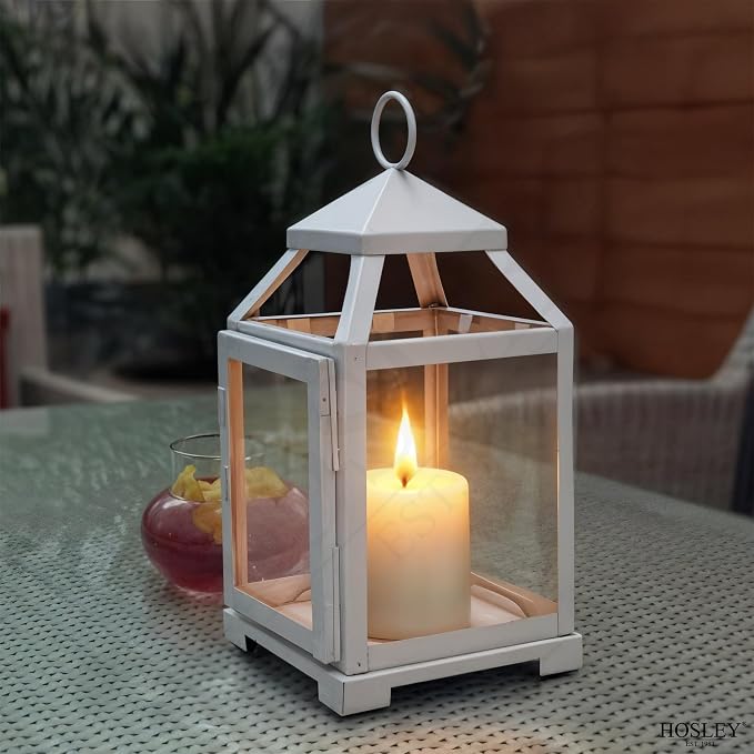 Hosley 12 Inch High Clear Glass and Iron White Classic Style Lantern Ideal Gift - Image 7