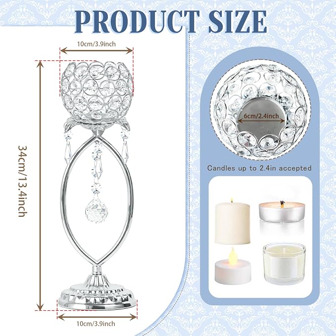 2 Pcs Silver Elegant Metal Crystal Tea Light Candle Holders - Image 2