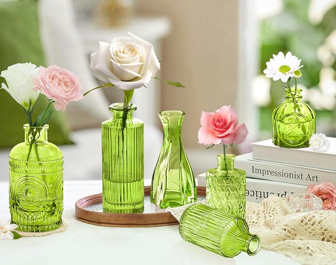 Green Glass Bud Vase Set, Mini Single Vintage Style - Image 4