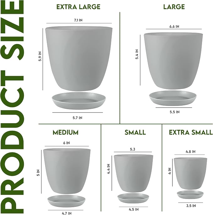 Plant Pots Indoor with Drainage, 5 Pack Multi-Size Planters Set - Image 2