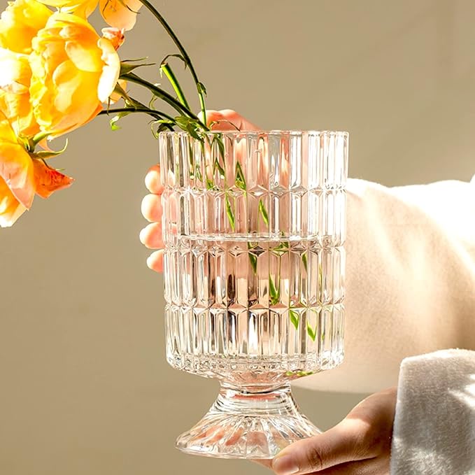 BLOFLO Embossed Glass Vase, Pedestal Big Base Glass Bouquet Vase, Hydroponic - Image 2