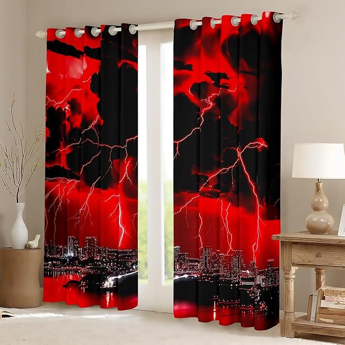 jejeloiu Red Thunder Lightning Window Drapes Cool Flashing Lightning Blackout - Image 2