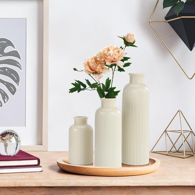 Small Beige Ceramic Vase Set of 3, Boho Modern Beige Flower Vase Room Decor - Image 7
