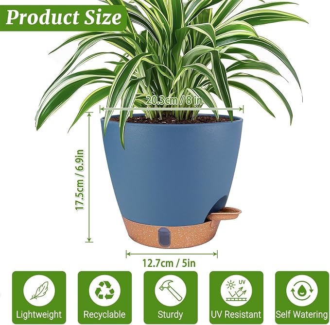 2 Pack 8 inch Plant Pots, Plastic Self Watering Planters | Drainage Holes - Image 8