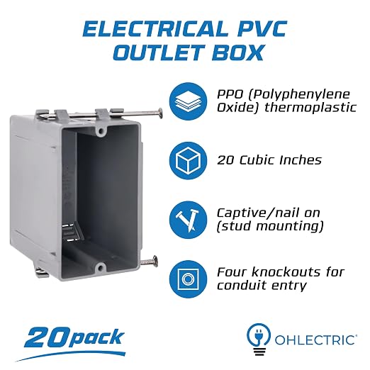 1-Gang New Work Outlet Box, 20 Cubic Inch Single Gang PVC Electrical Box - Image 2
