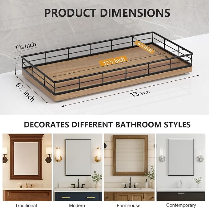 Toilet Paper Basket Organizer, Acacia Wood Toilet Tank Tray, Metal Frame | - Image 6