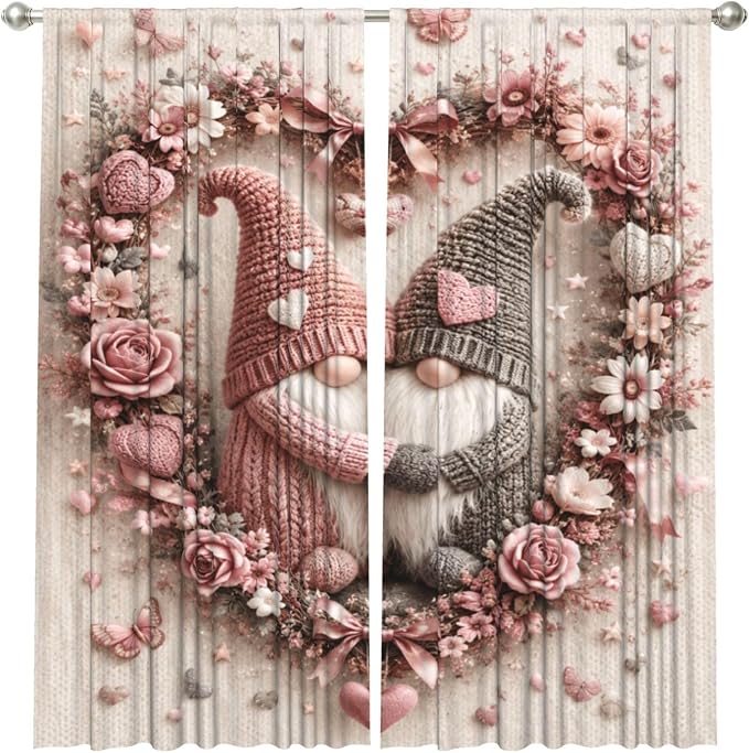 Knitted Gnomes Floral Heart Window Curtains 2 Panels Set, 52 X 84 Inch - Image 2