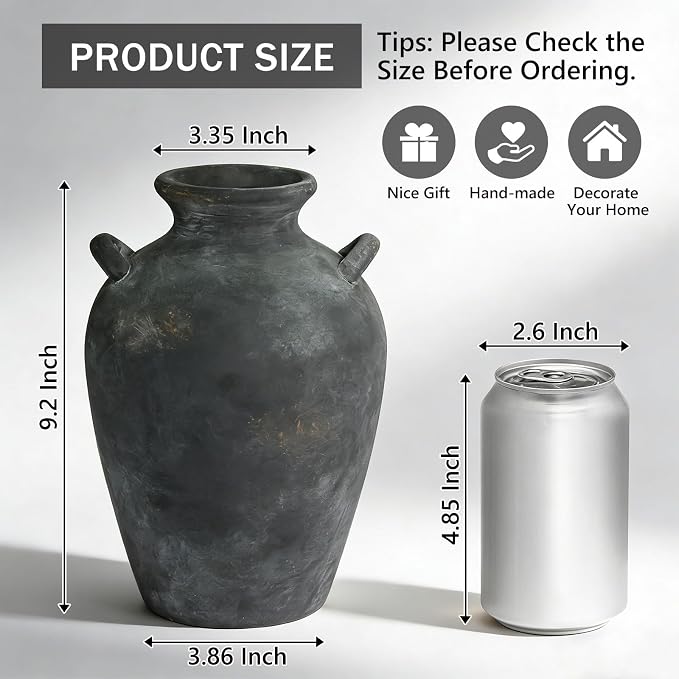 Ceramic Vase with Handles, 9.2 Inch Black Vase - Image 2