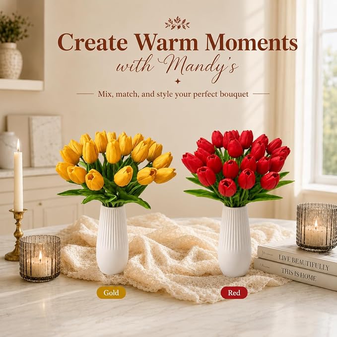 Mandy's 20pcs Artificial Gold Tulips | 13.5 Inch Lifelike PU Tulips Faux Floral - Image 8