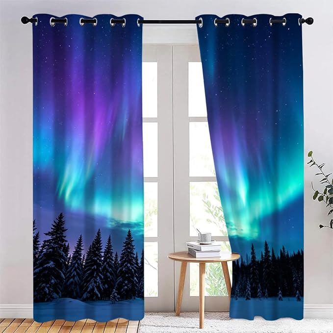 Aurora Snow Scene Curtains for Bedroom Living Room, Pine Tree Silhouette by Unknown