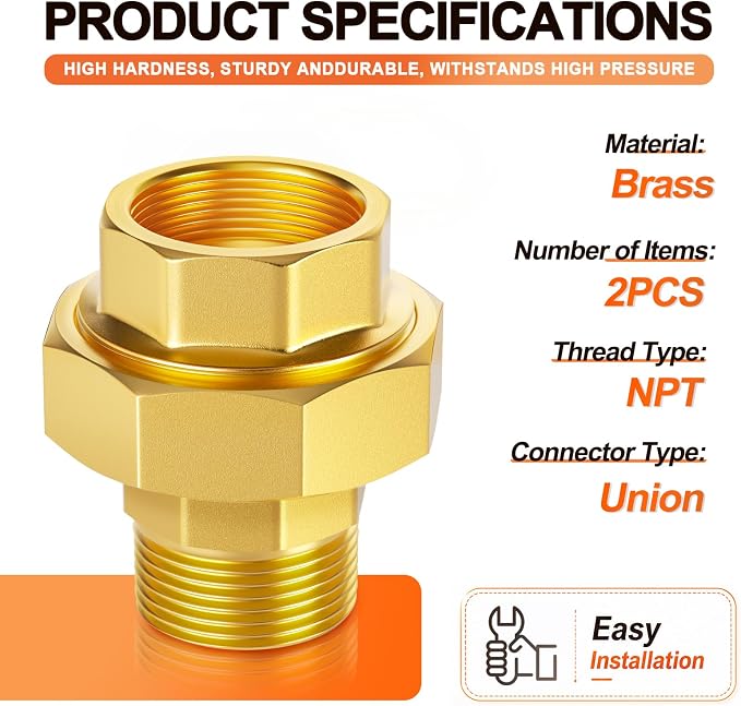 GASHER 2PCS 1-1/2" NPT Brass Union Pipe Fitting | 1-1/2 Inch Male x 1-1/2 Inch - Image 2
