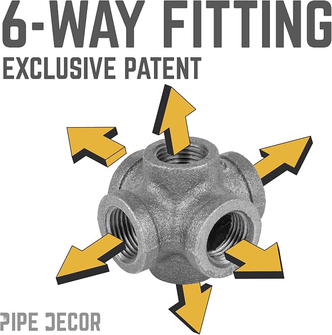 1/2" 6-way Cross Fitting, PIPE DECOR Black Malleable Iron Fittings Fit Standard - Image 4