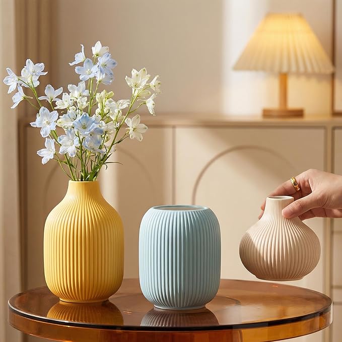 Colorful Small Ceramic Vases Set of 3, Matte Vertical Ribbed, Minimalist - Image 5