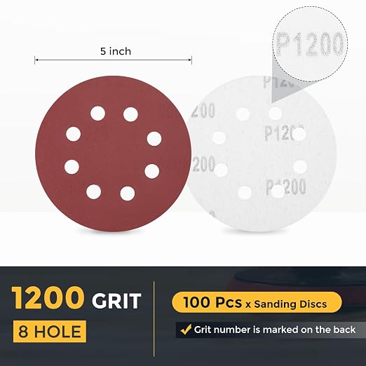 HARFINGTON 100 Pcs 5 Inch Sanding Discs 1200 Grit Red Aluminum Oxide 8 Hole | - Image 2