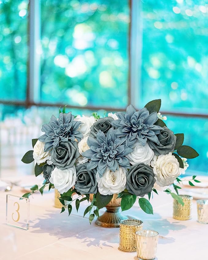 FACINOC Roses Artificial Flowers Dusty Blue Fake Flower - Image 5