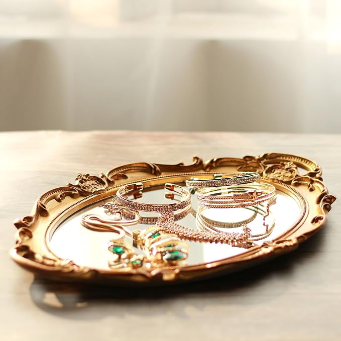 Polyresin Ellipse Antique Decorative Mirror Tray, Makeup Organizer, Jewelry - Image 5