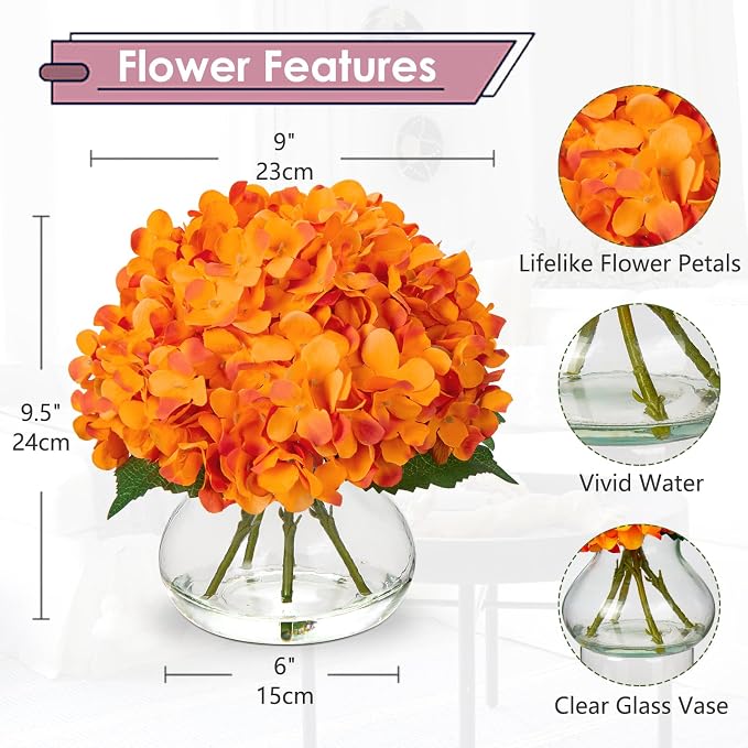 Hollyone Hydrangea Artificial Flowers in Vase Orange Silk Fake Flowers - Image 2