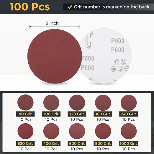 HARFINGTON 100Pcs 5Inch Sanding Disc Hook & Loop Sandpaper Aluminum Oxide | - Image 2