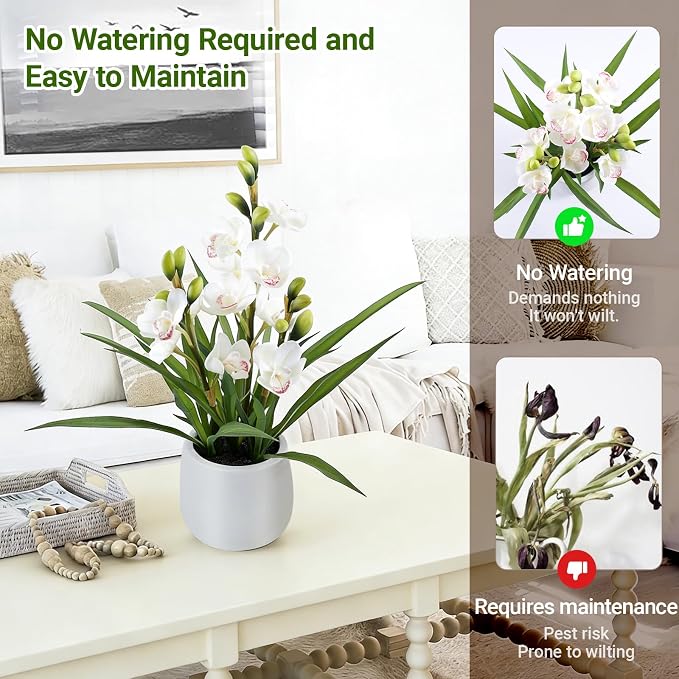 Fake Orchid Plant 19" Tall, Realistic Touch Leaves, Potted Cymbidium Artificial - Image 4