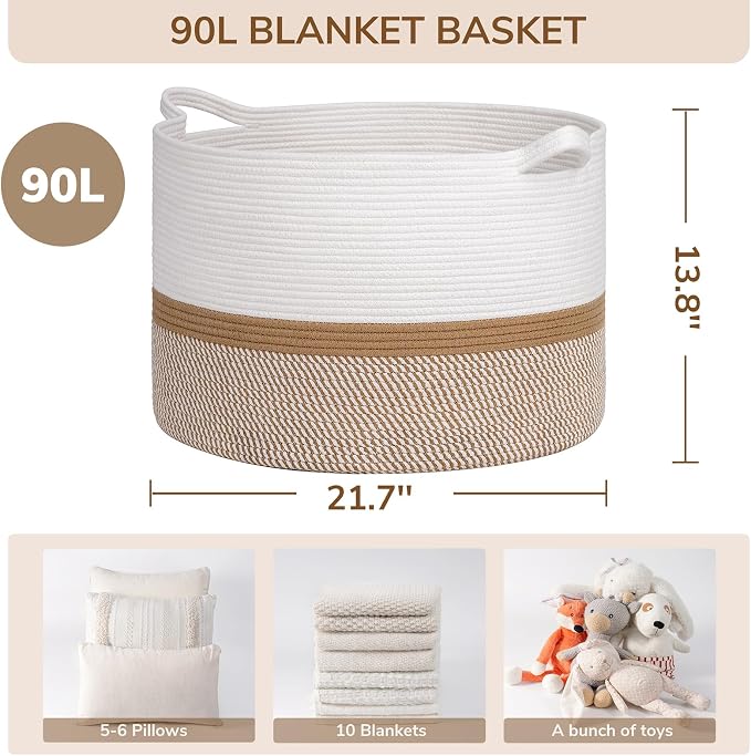INDRESSME XXXLarge Woven Rope Blanket Basket Living Room White Camel, 90L | - Image 3