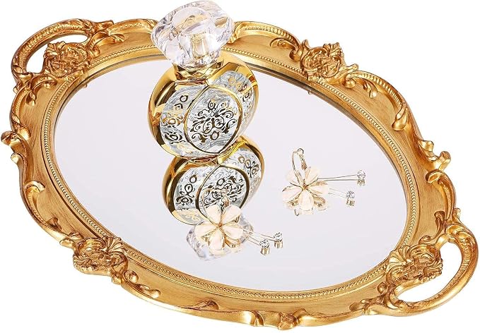 Polyresin Ellipse Antique Decorative Mirror Tray, Makeup Organizer, Jewelry by Zosenley