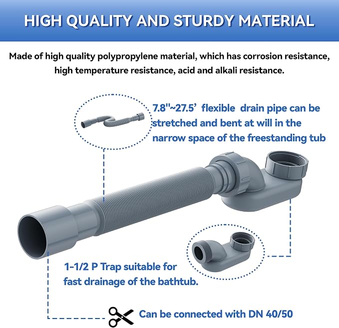 Flexible Freestanding Tub Drain Kit, Low Profile Flat P Trap - Image 3
