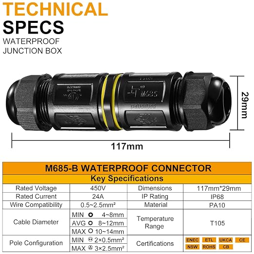 IP68 Waterproof Junction Box Outdoor I-Shape 2way 5Pin M25 Wire Range 4-14mm - Image 4